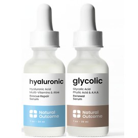 Natural Outcome Hyaluronic Acid and Glycolic Serum - Night and Day Anti Aging Facial Serum and Hydrating Serum Set 1 oz Each, Vegan, Cruelty Free & Fragrance Free