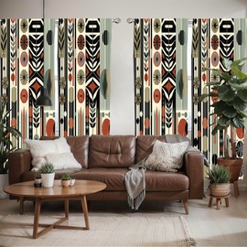 Ambesonne Bohemian Window Curtains Pack of 2, Mid Century Modern Themed Circular Motifs Ovals and Stripes Geometric, Lightweight Set with Rod Pocket, 4 Panels of - 28" x 84", Olive Green Rust Ivory