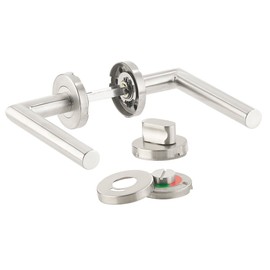 AGT Toilet Handle Set: Stainless Steel Door Fitting for Bathroom & Toilet, 2 Handles & Rosettes, Round (Handle Set Toilet Door, Toilet Door Set, Bathroom Door)