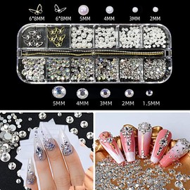 MUEYAN 4 Boxes Mixed 3D Nail Charms Butterfly Starry AB Crystal Nail Rhinestones Flower Gems Pendant Pearls Crystal Gems Stones for Nail Art Decoration DIY, with Wax Pencil and Elbow Tweezer