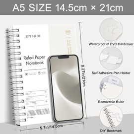 EMSHOI A5 Notebook College Ruled, Spiral Notepad 150 Sheets/300 Pages, 100gsm, PVC Cover, Sticky Notes, Pocket, Pen Loop, Ruler, Bookmark, Lined Journal for Writing, 14.5 x 21cm, Transparent