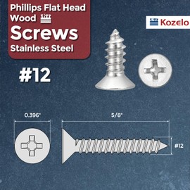 Kozelo 20pcs Phillips Flat Head Wood Screws - [#12x5/8"] 304 Stainless Steel Countersunk Self Tapping Screws for Furniture Assembly, Interior Trim, Outdoor Construction, Silver