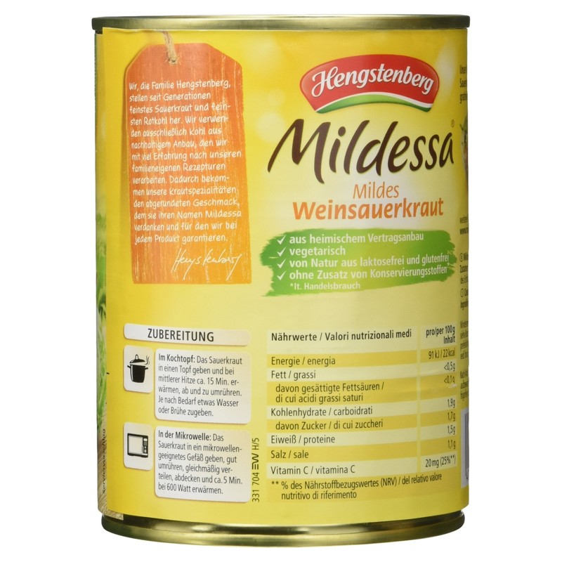 Hengstenberg Mildessa Mild Wine Sauerkraut, 550 g, Drained Weight 520