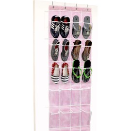 SimpleHouseware Crystal Clear Over The Door Hanging Shoe Organizer, 24 Pockets, Pink