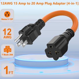 12AWG 15 Amp to 20 Amp Plug Adapter [4-in-1], Heavy-Duty Extension Cord, Nema 5-20P to 5-20R/15R/ 6-15R/ 20R 20AMP T-Blade Adapter Cable, 125V 15A to 20A 250V Extension Power Cord, 1FT, Orange