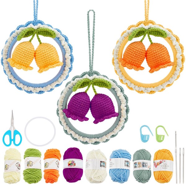 WEBEEDY 3 Sets DIY Macrame Set Crochet Car Hanging Ornaments, Hand Knitted Pendant for Car Rear View Mirror, Flower Car Rear View Mirror Interior Decoration