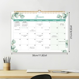 Calendar 2026/2027 Wall Calendar, 18 Month Calendar A4 from Jan 2026 to Jun 2027, Wall Calendar 2026 Family Planner Monthly Calendar for Home Office, 30 x 21 cm (Green Leaves)