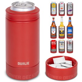 DUALIE Lower Deckie - Insulated 12 oz Can Cooler with Pouch Container - Universal Drink Holder with Built-in Pouch Bin - Burnt Red