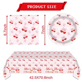 41pcs Cherry Birthday Decorations,Pink Bows Plates and Napkins Tablecloth Disposable Scalloped Bowknot Party Supllies Fruits Cherry Table Party Decor Favors, Serves 20