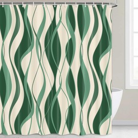 Ydbkt Green and Beige Striped Shower Curtain, Abstract Wavy Line Modern Minimalist Bathroom Curtain, 72 x 72 Inch Sage Green Polyester Fabric Waterproof Bath Curtain with 12 Hooks ﻿