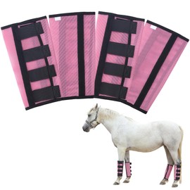 Horse Fly Boots Set of 4, Fly Leggings for Horses No More Stomping, PVC Mesh Breathable & Tear-Resistant Leg Guards Pink Large