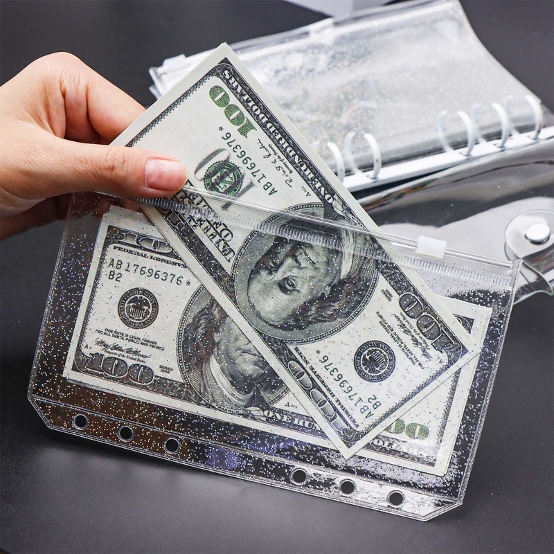 XiowDow 10pcs A6 Binder Pockets Clear Glitter Cash Stuffing Envelopes