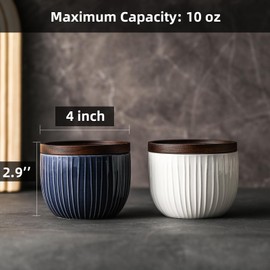 Adewnest Salt and Pepper Bowls : 10 oz Ceramic Salt Cellar with Lid - Stacked Salt Box for Countertop - Spice/Seasoning Storage Containers - Vertical Stripe Embossing, Navy & White, Wooden Lid