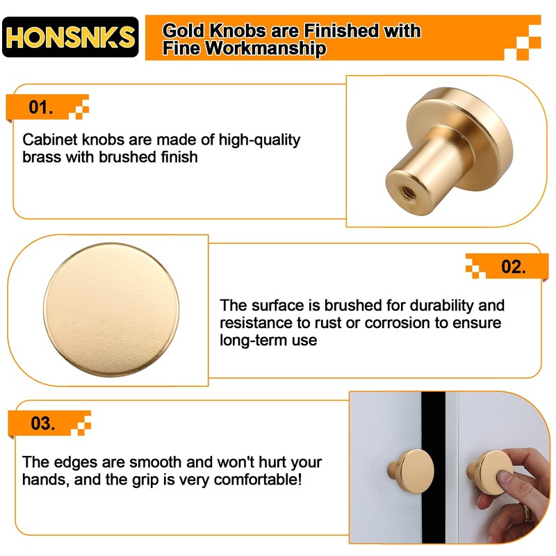 HONSNKS Gold Round Metal Dresser Drawer Knobs, Brushed Solid Brass