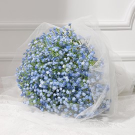 Dolicer 5 piezas de flores artificiales de aliento de bebé, flores artificiales de tallo largo azul, gypsiphila falsa de aliento de bebé de tacto real para arreglos de ramo de novia, fiesta