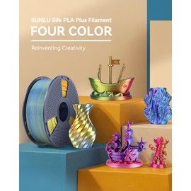 SUNLU Silk PLA+ Filament 1.75mm Multicolor 250gx4, Silky Glossy Four-Color PLA Plus 3D Printer Filament Bundle, RedYellowGreenBlack+BlackGreyRedYellow+BluePurpleOrangeYellow+BluePurpleRedGold