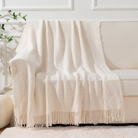 BATTILO HOME White Throw Blanket for Couch, Lightweight Cream Knitted Throw for Sofa Bed Home Decor Textured Soft Cozy Throw with Tassels Suitable All Seasons 50"x60"