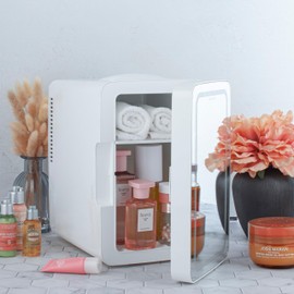 Memorex MX-FR690 6.5L Mini Beauty Lighted Mirror Fridge | Portable Cooler & Warmer for Drinks, Cosmetics, Medication, AC & Vehicle Adaptors | Eco-Friendly | LED Mirror for Makeup & Skincare