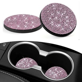 2PCS Bling Car Cup Holder Coasters, 2.75 Inch Soft Rubber Non-Slip Cup Coasters, Crystal Rhinestone Insert Drink Coaster, Universal Cup Holder Pad Set, Auto Interior Accessories for Women (Pink)