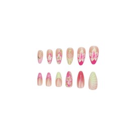 SINHOT Almond Press on Nails Medium - 3D Flower Fake Nails Glossy Glue on Nails Handmade Swirl Nails Pink French Tip Stiletto Artificial Nails Stick on False Nails with Design DIY 24 pcs