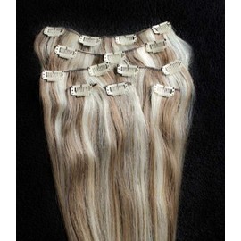 Hair Faux You 18" Double Weft Remy Human Hair Clip in Extensions Highlighted Full Head Thick Long Soft Silky Straight 80 Grams 7pcs 14clips Color #8/613 Ash Brown mixed with Platinum Blonde