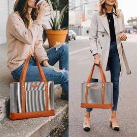 Laptop Tote Bag for Women, Water Resistant Canvas Womens Work Tote Bag, Large Capacity Shoulder Bag Fits 15.6 inches Laptop (Black and Brown)