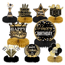 9 Pcs Birthday Decorations For Men Women, Honeycomb Centerpieces For Table Black And Gold Birthday Decorations, Happy Birthday Decorations, Honeycomb Table Topper For Birthday Party Decorations