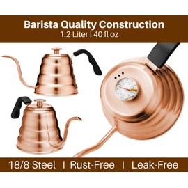 Barista Warrior Gooseneck Kettle for Pour Over Coffee and Tea with Thermometer for Exact Temperature, Precision Pour Drip Spout, Compatible with all Stove Tops (Copper Coated, 1.2 Liter, 40 fl oz)
