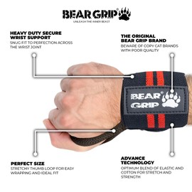 BEAR GRIP - Weight lifting wrist support wraps (Sold in pairs) (BEAR-GRIP-BLACK-RED-WRAPS)