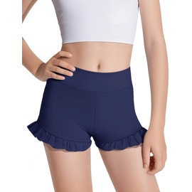 HASMES Girls Athletic Ruffle Shorts High Waisted Biker Shorts Dance Yoga Gymnastics 5-14Y Navy