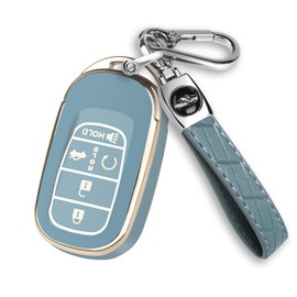 QBUC for Honda Key Fob Cover, Soft TPU Car Key Case Protector with Leather Keychain Compatible with Honda Accord Civic HR-V CR-V Pilot Odyssey Smart Remote Key (Gold Trim,Blue)