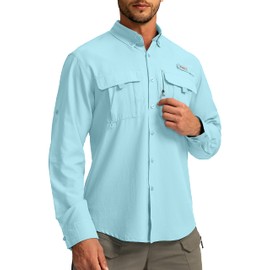 Men' s Sun Protection Fishing Shirts Long Sleeve Travel Work Shirts for Men UPF50+ Button Down Shirts with Zipper Pockets(Gulf Stream Small)
