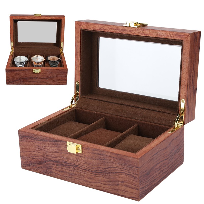 Wooden 3 Grid Watch Display Box Transparent Window Anti‑Slip Watch