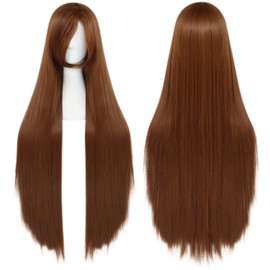 ANOGOL Hair Cap+100cm Brown Wig for Women Girls Cosplay Straight Wig with Bangs Synthetic Hair Wig Costume for Anime Halloween Party