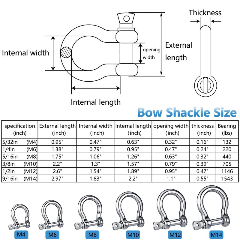 Bow Shackle Reedny 304 Stainless Steel 5/32", 1/4", 5/16",3/8", 1/2",