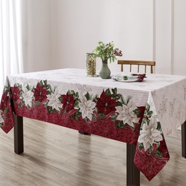 Elrene Home Fashions Clarette Poinsettia Floral Holiday/Christmas Fabric Rectangle Dining Tablecloth, 60"x84"