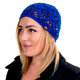 Hand Knit Crochet Beanies for Women | Breathable Soft Bamboo Cotton | Cooling Sleep Chemo Cap | Handmade (Blue-Floral)