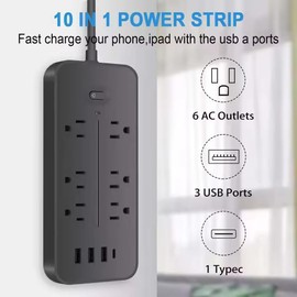 Generic Surge Protector Power Strip with 6 Outlets, 4 USB Ports (USB-A & USB-C), for Home and Office Use, Black