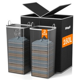 Laundry Hamper with Lid 160L Laundry Basket - Double Clothes Hamper with 2 Removable Bags, 2 Section Large Laundry Basket Organizer for Laundry Room, Bedroom, Hampers for Laundry
