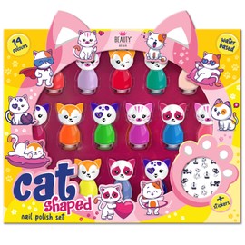 Cat Shaped Water-based Nail Polish Set, Beauty4Britain, 14 Colours, Quick Dry, Peel Off, Cat Nail Stickers Included, Display Gift Box
