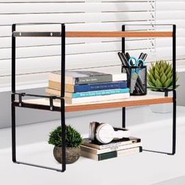 Office Desktop Shelf Organizer, Natural Wooden 2 Tier Desktop Organizer Shelf, Black Metal Frame Desk Shelf, Cute Dresser Top Organization Storage Rack, Small Display Organizer Shelf for Office, Home