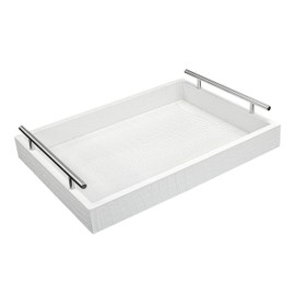 VOVOGERATTO White Leather Serving Tray with Silver Handles, Rectangular Tray for Coffee Table, Ottoman, Alligator Faux Leather, Decorative Trays for Home Decor, for All Occasions, 16" x 12"