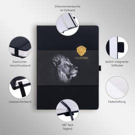 OLLEVRES Notebook A4 Squared - Premium Paper 120 g/m² - Hard Cover, 180° Flat Opening - Diary Including Bookmark, Pen Holder & Closure Band - Journal Book, Bullet Journal, Household Book