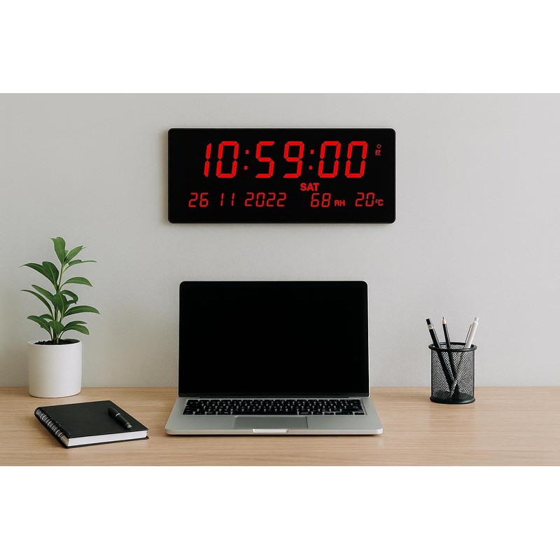LED Digital Wall Clock 35x15cm – Large Display with Date,