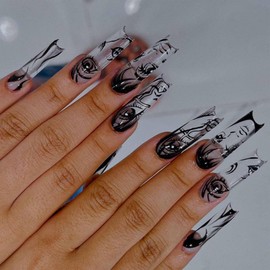 IMSOHOT Press on Nails Square Long French Fake Nails Clear Glue on Nails Black Cartoon Graffiti False Nails with Designs Glossy Full Cover Acrylic Nails 24pcs Y2K Gel Nails Kits