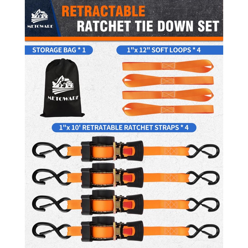 METOWARE Retractable Ratchet Straps (4-Pack) - 1 in x 10