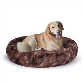 Coohom Oval Calming Donut Cuddler Dog Bed,Shag Faux Fur Cat Bed Washable Round Pillow Pet Bed(30"/36") for Small Medium Dogs (XXL(43"x34"x8"), Brown2021)
