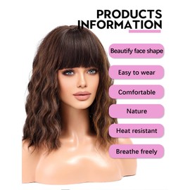 WOKESTAR Bob Wigs With Neat Fringe, Curly Wavy Synthetic Wigs for Women Brown with Highlights Color