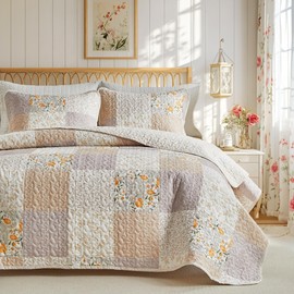 Joyreap Floral Cotton Quilt Set, Gray n Brown Botanical Patchwork Design for Autumn, 3 Pieces King Size Quilt Bedding Set, Soft n Cozy Bedspread Bed Cover for All Season- 102x90 inches