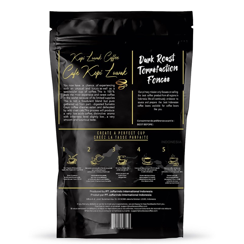 Wallacea Coffee Certified Wild Kopi Luwak Coffee Ground, Civet Coffee,